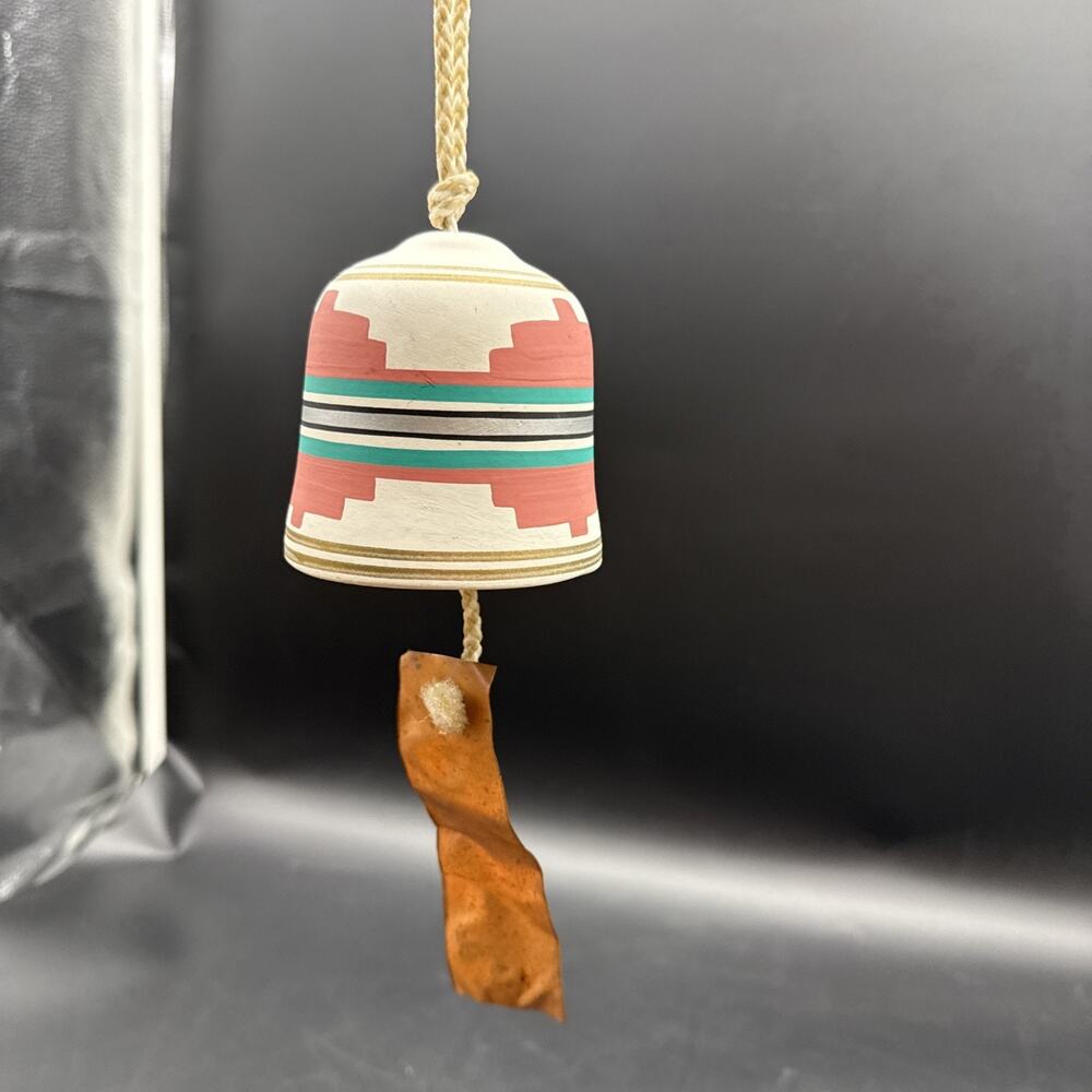 Southwestern Style Pottery Bell Wind Chime Rope Handle Copperlike Ringer Vintage